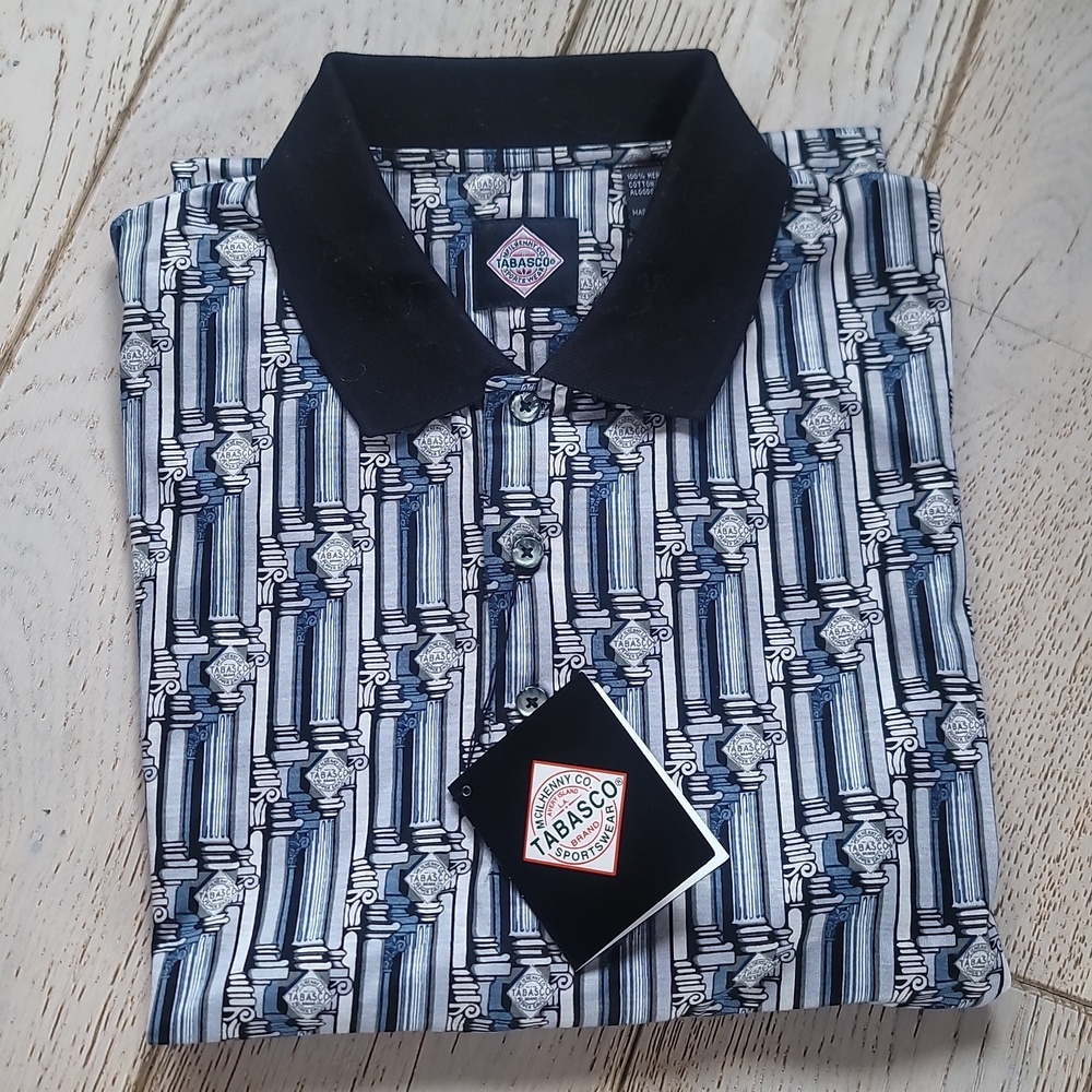 NOS Vintage 90s TABASCO Sportswear Rare Column Pattern Design Polo Golf Shirt M